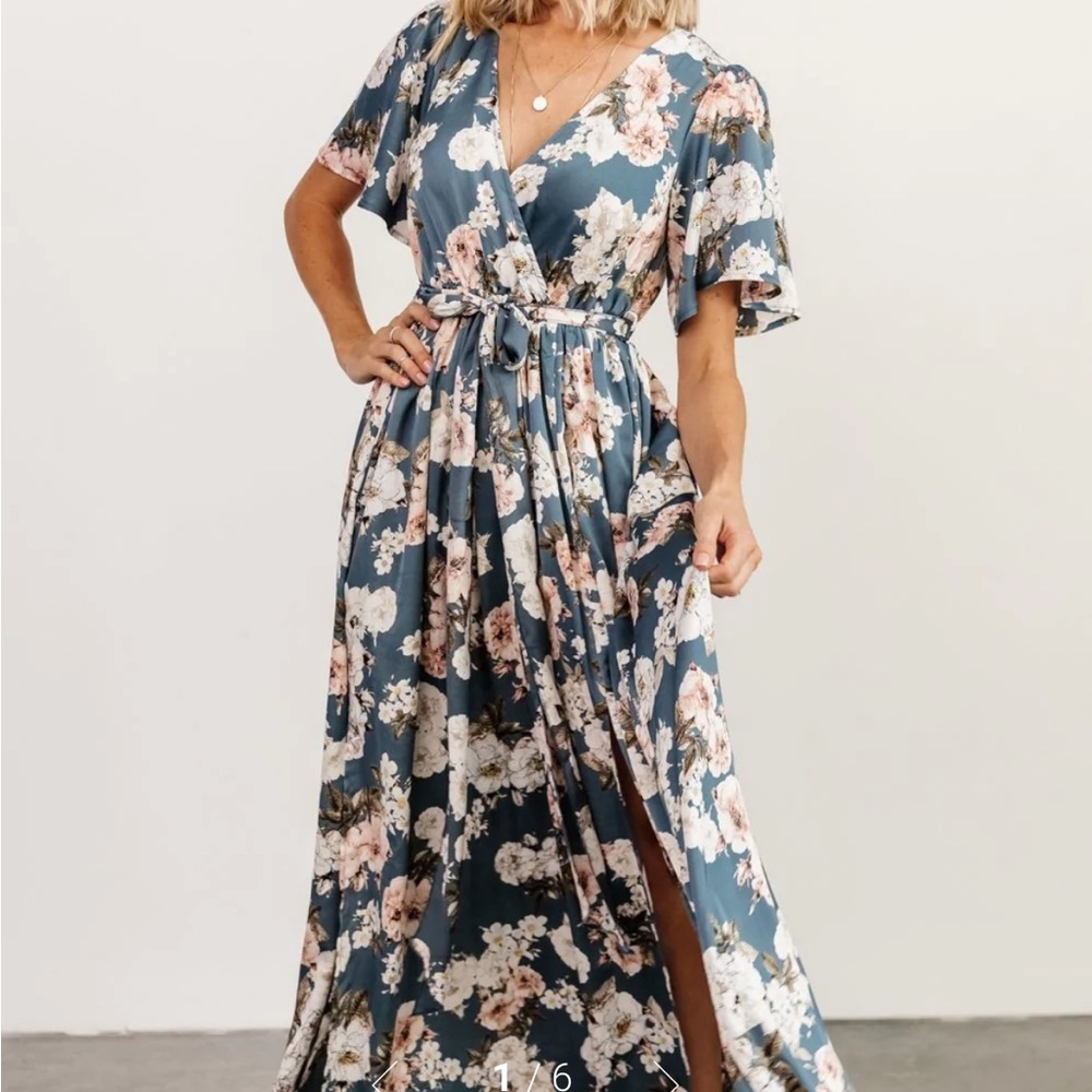 Baltic Born Scilly Satin Maxi Dress Blue Floral Size Medium